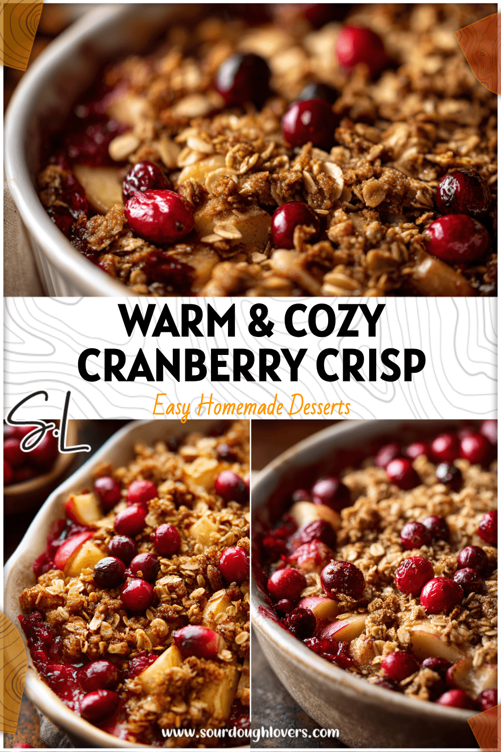Golden brown Apple Cranberry Crisp topped with oats and fresh cranberries in a rustic baking dish.